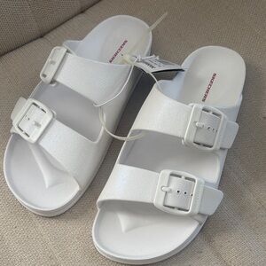 Skechers White Double-Buckle Comfort Slides